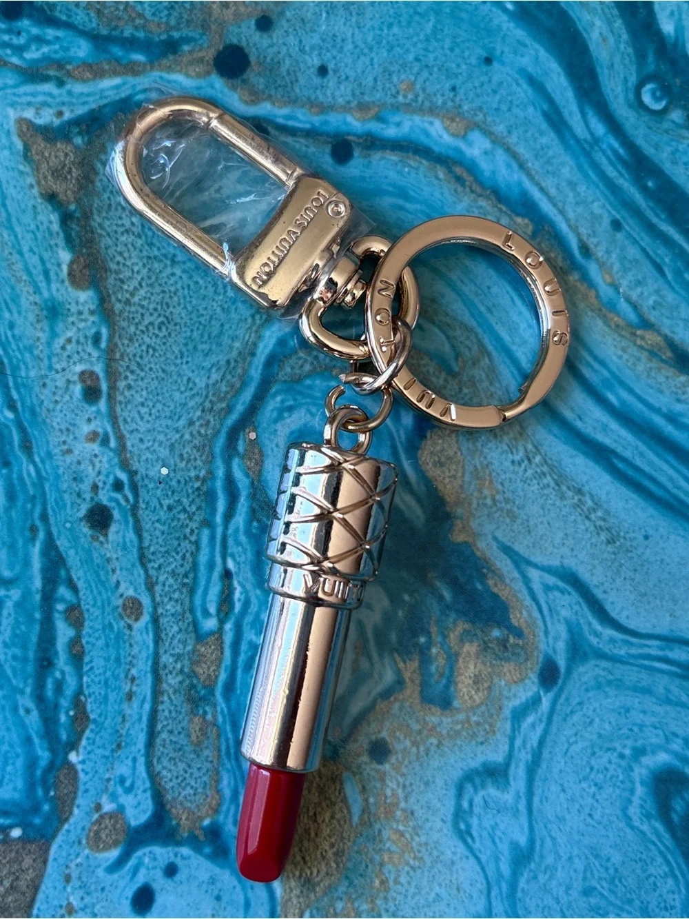 Louis Vuitton Gold Lipstick Purse Charm Keyring with Red Tip